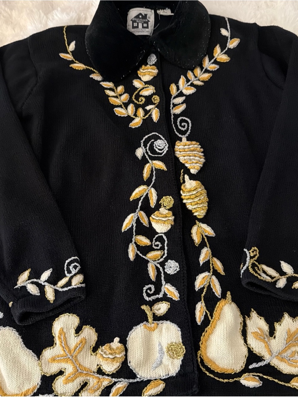 Storybook Knits Black Cardigan with Gold and Cream pumpkin fall Embroidery